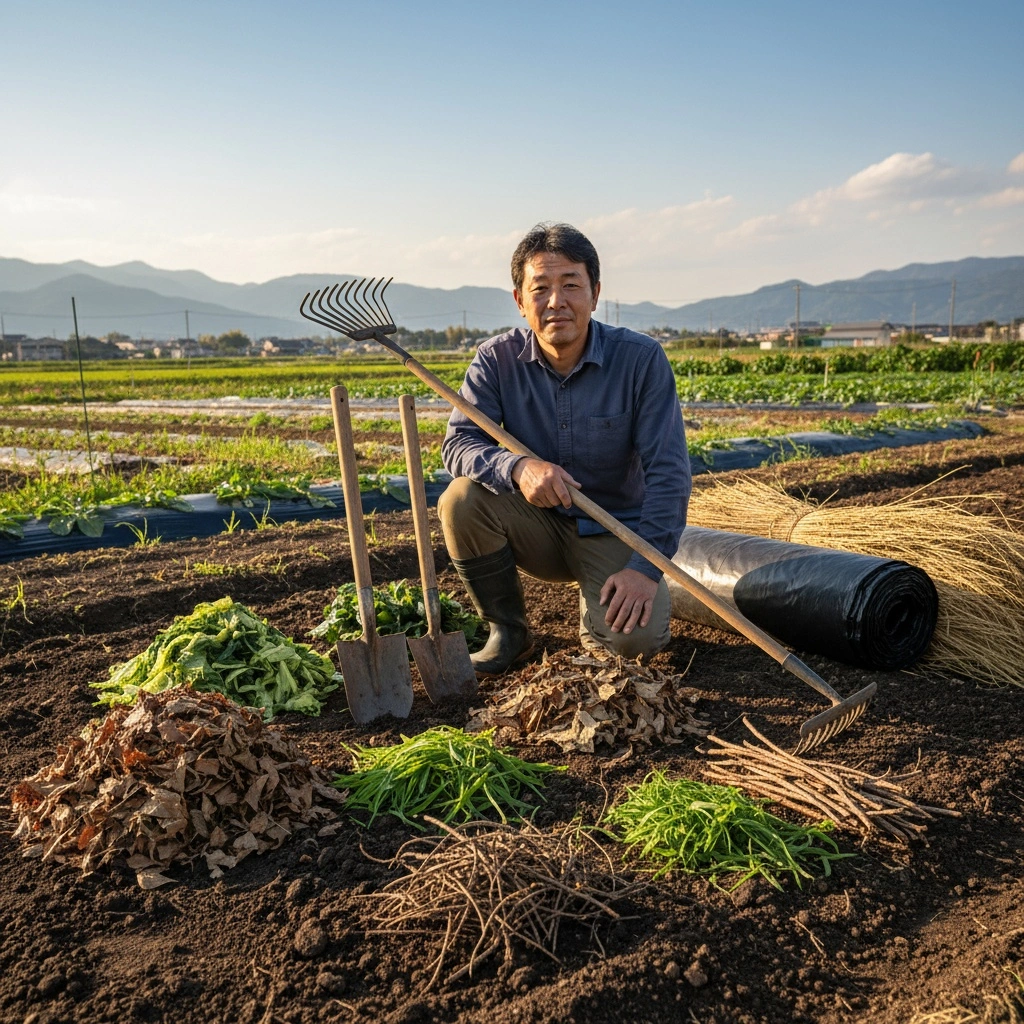 菌ちゃん畝に必要な道具と有機資材の準備