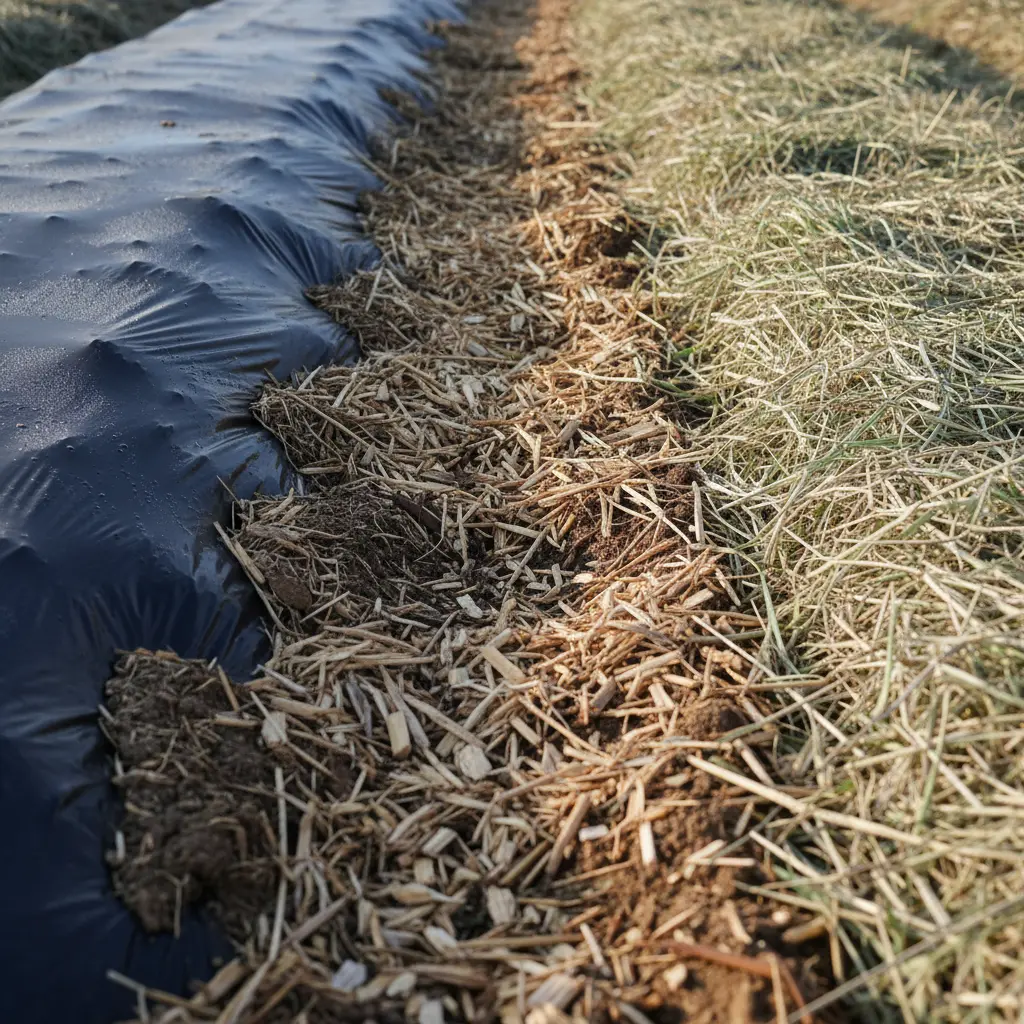 菌ちゃん農法マルチなし実践:竹チップマルチと枯草敷きの比較