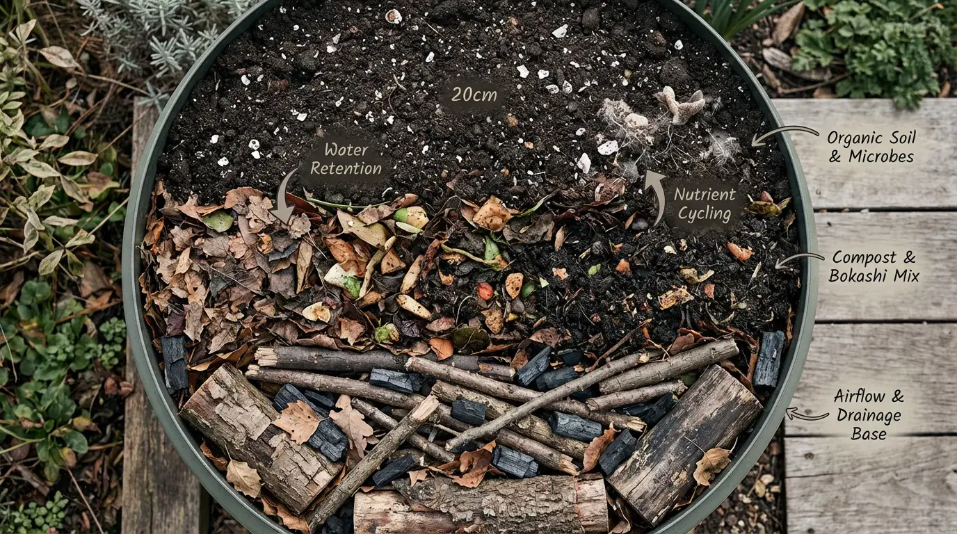 畝立て準備と材料選定(菌ちゃんのエサと資材構成)